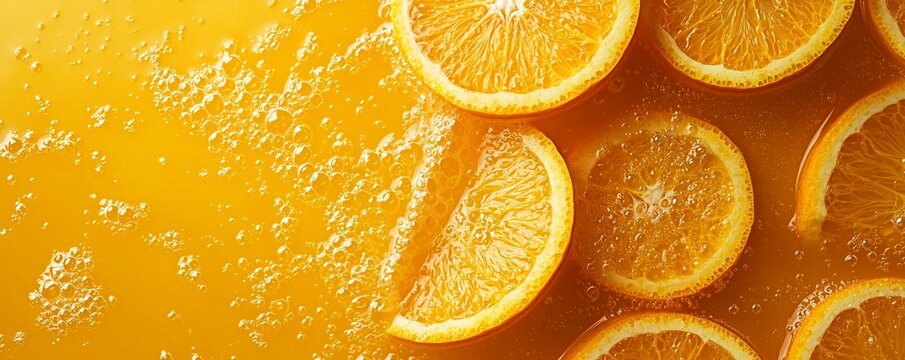 Close-up of orange slices submerged in fizzy water, showcasing bubbles and vibrant citrus colors in a refreshing composition.