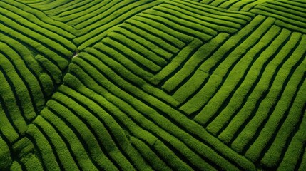 Fototapeta premium Aerial view of lush green tea tree field with neatly arranged rows creating a geometric pattern against the landscape