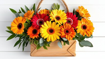 Obraz premium Vibrant bouquet of colorful gerbera daisies in a wooden basket, perfect for brightening any space or occasion.