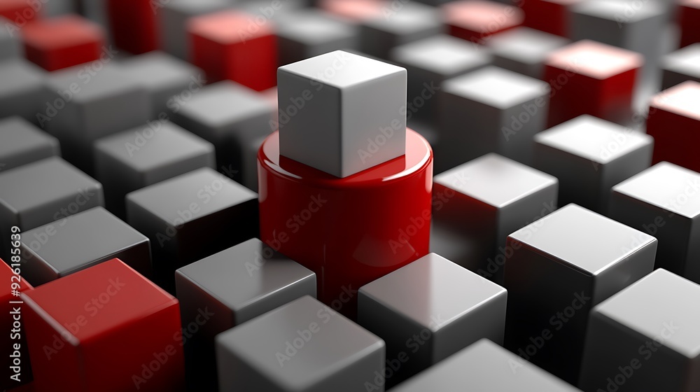 Aufkleber geometric composition: gray cube on red cylinder surrounded by cubes in classic 3d rendering style