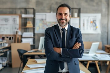 Fototapeta premium Confident Middle-Aged Businessman in Suit with Arms Crossed Smiling in Modern Office