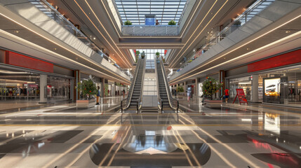 Fototapeta premium Visitors explore a modern shopping mall with spacious escalators, stylish decor, and an inviting atmosphere filled with natural light