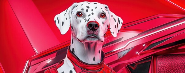 Dalmatian in a firefighter uniform, standing in front of a futuristic fire truck, brave and bold, Futuristic, Bright reds, Digital painting