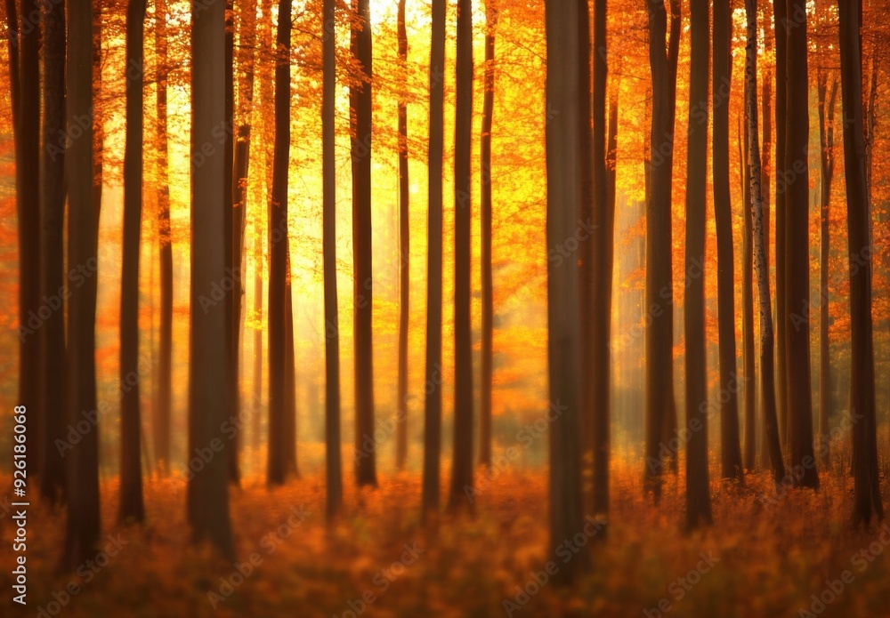 Poster a forest of tall trees, their leaves covered in autumnal hues of orange and gold, bathed in the soft