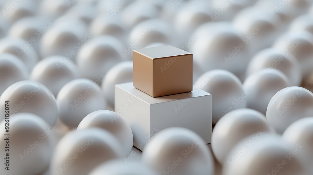 Aufkleber industrial minimalism: brown cube on white sphere surrounded by spheres - 3d rendering with soft sha