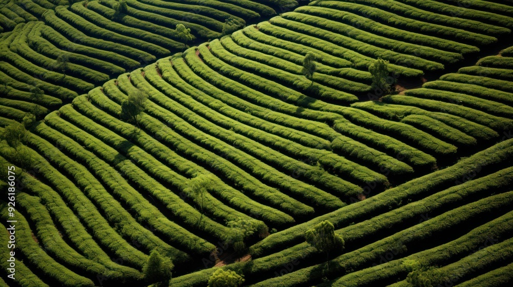 Poster eye view of a tea tree farm featuring well-structured rows that create