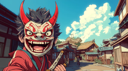 Anime Character Wearing Smiling Japanese Oni Mask with Cinematic Background