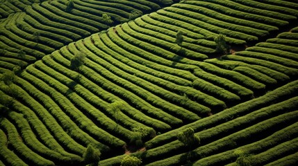 Fototapeta premium eye view of a tea tree farm featuring well-structured rows that create