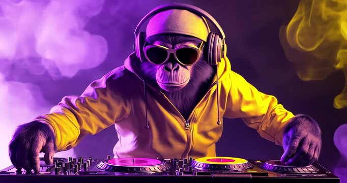 Hip-hop monkey DJ on night clubbing background. Party, music, dance concept.