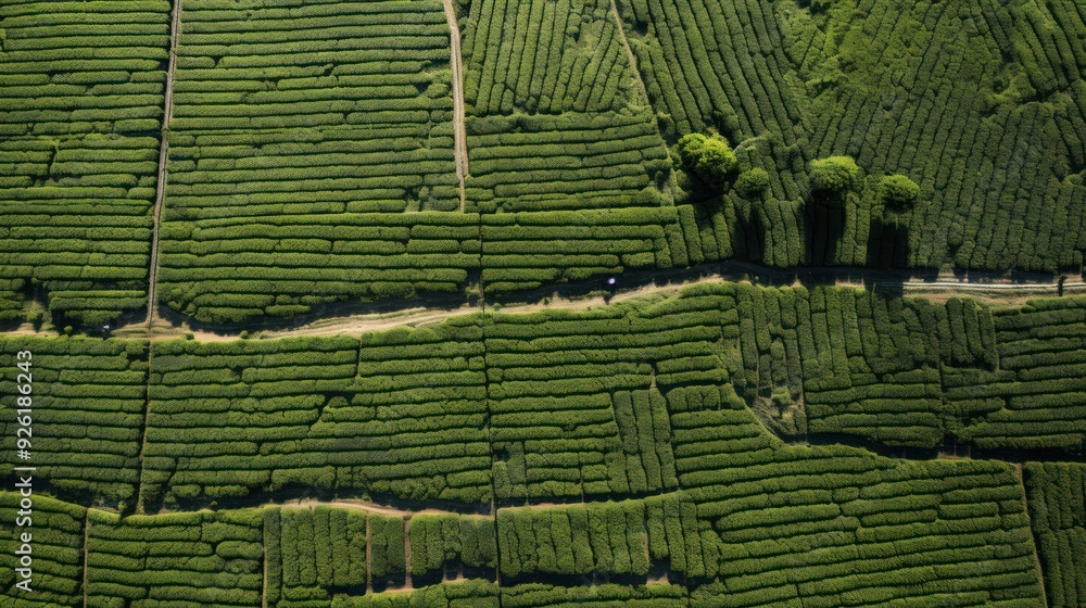 Poster eye view of a tea tree farm featuring well-structured rows that create