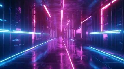 A futuristic scene with high-speed motion, illuminated by vivid blue and pink neon lights.