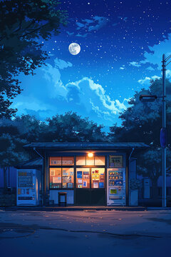 Small japanese grocery store with vending machines at night, illustration
