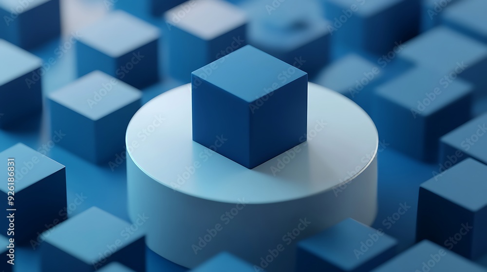 Poster minimalist 3d rendering of deep blue cube on white torus amidst cubes in cool tones