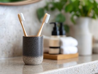 Two Bamboo Toothbrushes in a Stylish Ceramic Holder on a Bathroom Countertop