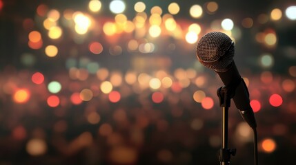 Microphone on a stand in front of a large audience, stage lights illuminating the space, ready for a comedy, music, or theater performance