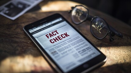 A smartphone displaying a 'fact check' page, emphasizing the importance of verifying information online. glasses and a newspaper in the background signify research and credibility.