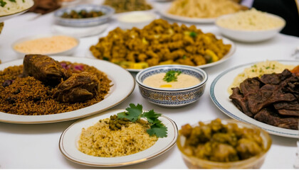 Fototapeta premium Table full of arabic food, people gathering