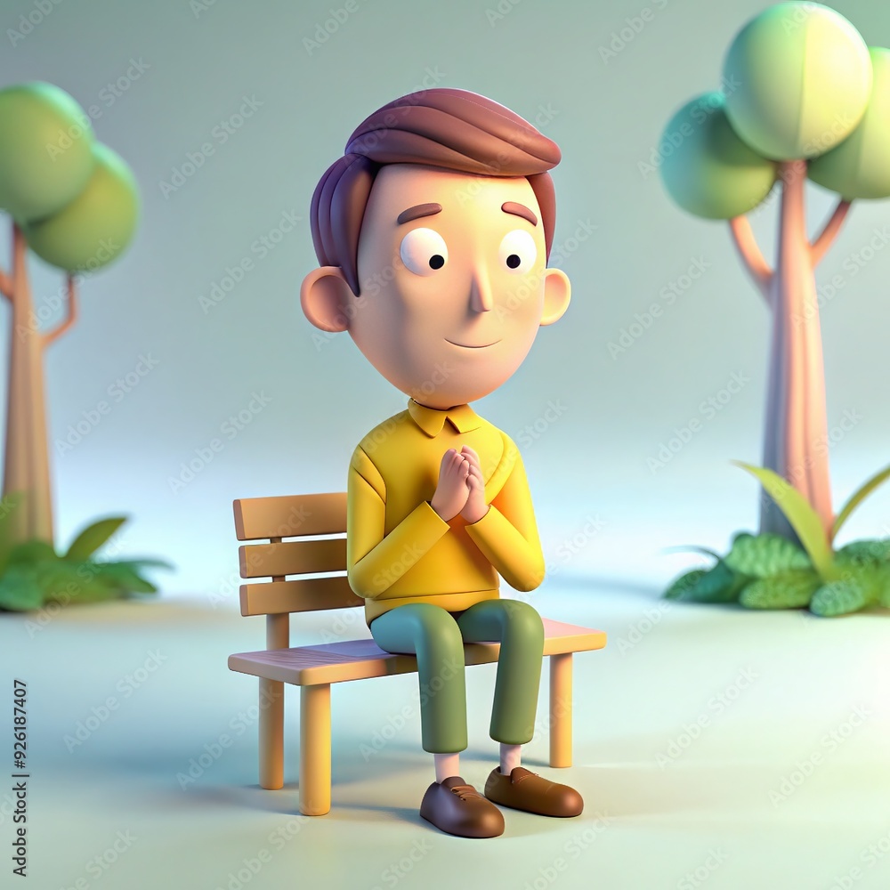 Wall mural 3D style cartoon character of a young man in a yellow sweater, sitting on a park bench with his hands clasped together, eyes slightly narrowed, and a thoughtful expression on his face graphics