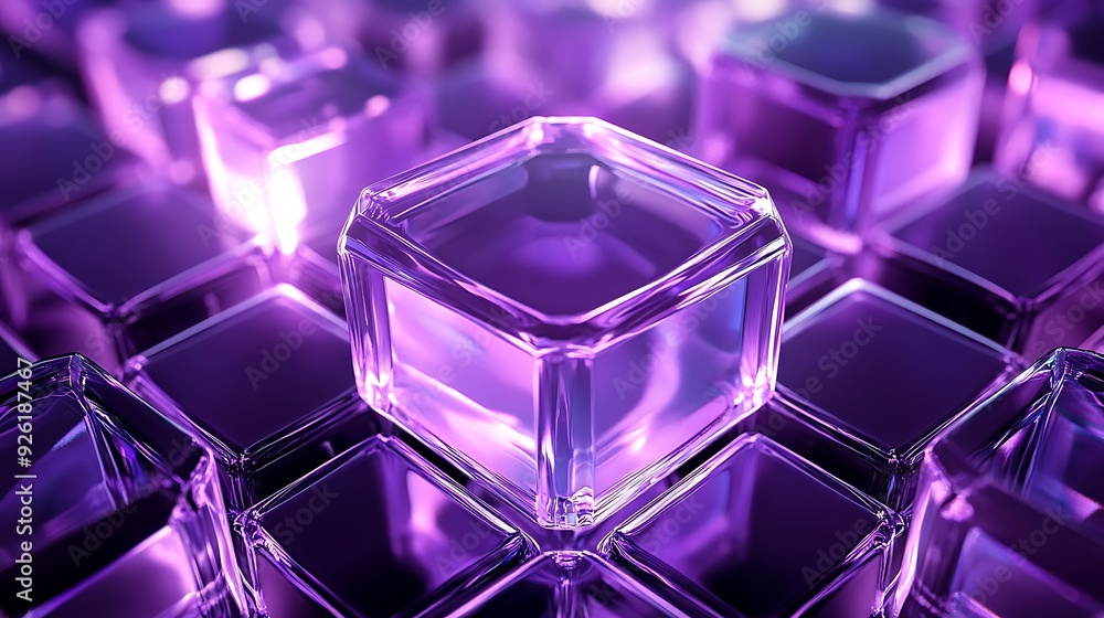 Aufkleber futuristic purple hexagon geometry on glass block with 3d rendering, symmetrical layout and soft lig