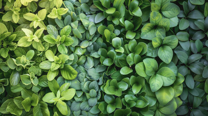 Lush green wall with various small plants creating a vibrant nat