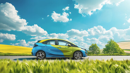 A colorful electric car drives along a scenic road surrounded by lush grass and vibrant skies, depicting eco-friendly transportation.