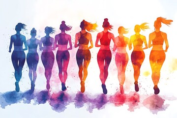 Watercolor Silhouette of Female Runners in Colorful Formation.
