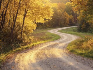 Naklejka premium Winding Dirt Road Through Rural Countryside, Scenic Autumn Landscape With Golden Sunlight