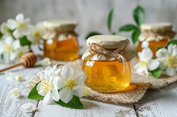 honey and jasmine flowers on white wooden background