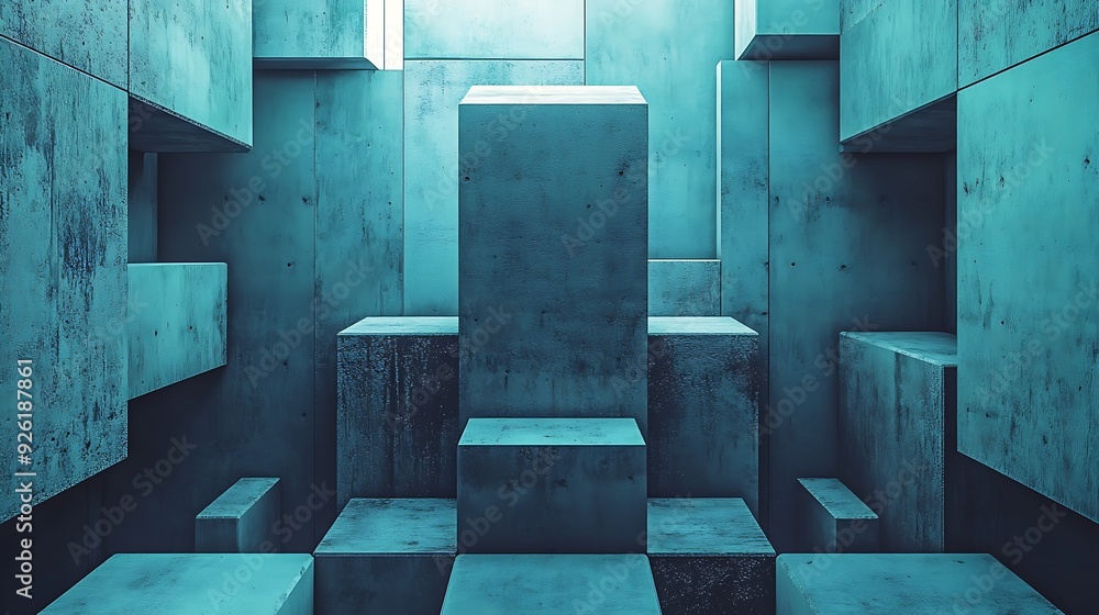 Poster abstract cyan geometric composition on concrete block in high contrast lighting, 3d rendering indust