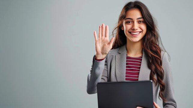 The young woman waving - Powered by Adobe
