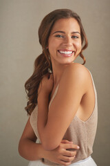 Fototapeta premium Smooth, portrait and happy woman in studio for skincare, benefits and results of beauty treatment. Female person, cosmetics and dermatology in isolated background for soft skin, glow and touching