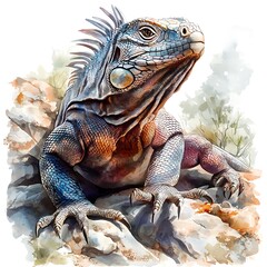 Fototapeta premium Watercolor Painting of a Green Iguana on Rocks.