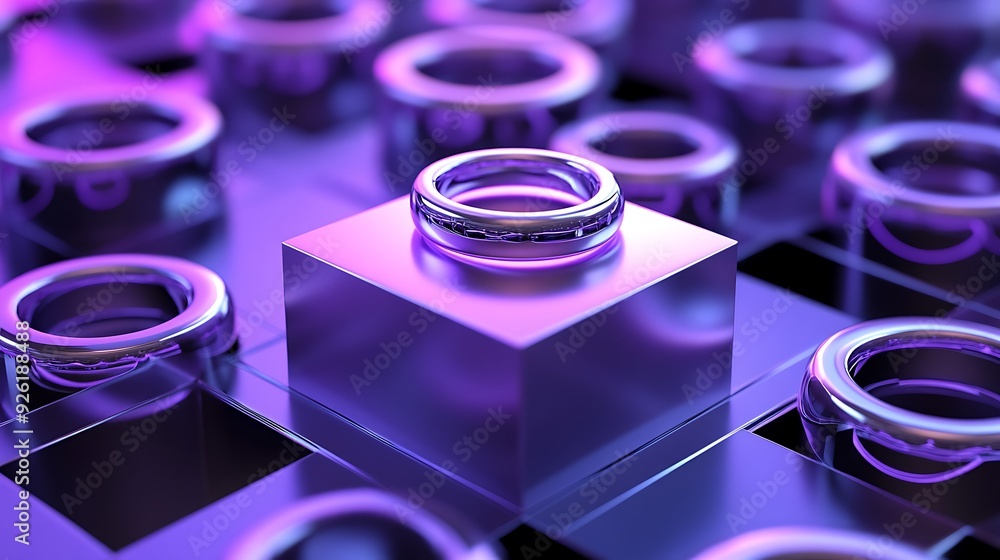 Poster radiant violet ring on chrome box in geometric composition - 3d rendering
