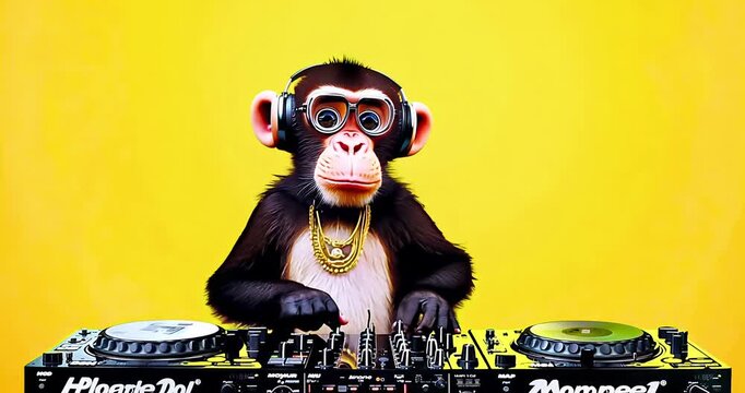 Funny monkey DJ on yellow background. Party, music, dance concept.