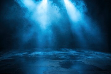 Obraz premium Rays searchlight light blue neon . Dark empty scene with smoke. Reflections on wet asphalt , ai