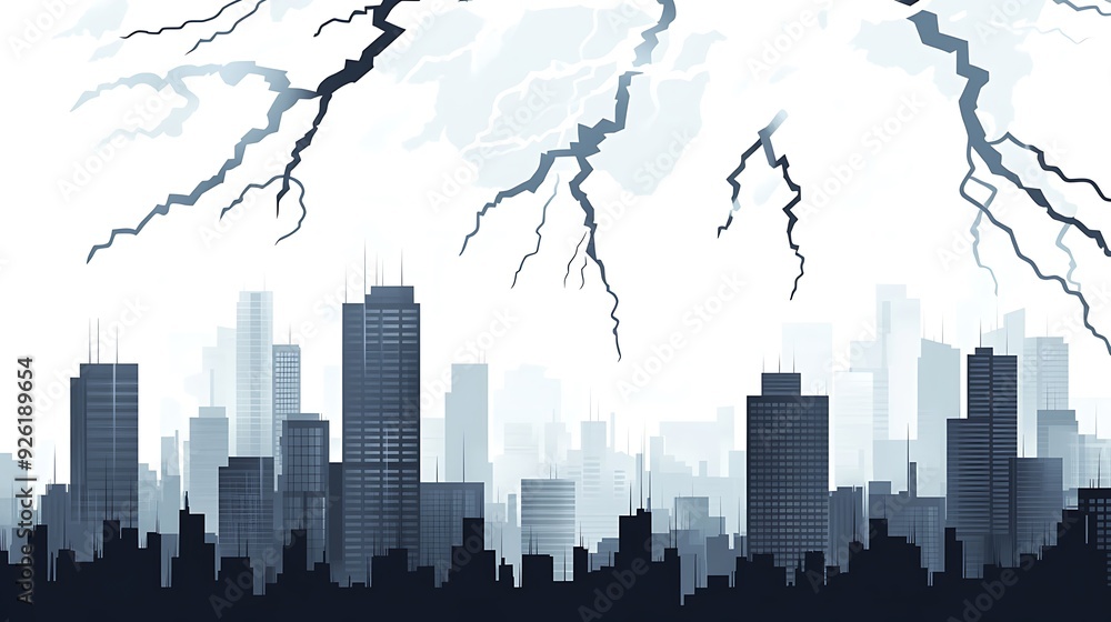 Poster urban lightning strikes - vector cityscape background with dynamic lightning bolts in flat design st