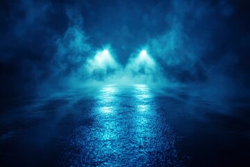 Fototapeta premium Rays searchlight light blue neon . Dark empty scene with smoke. Reflections on wet asphalt , ai