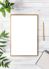 A Wooden frame mockup with plant on wall background 