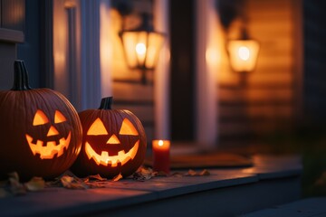 Halloween pumpkins on a fuzzy background of an American porch with glowing faces