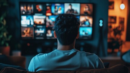 A man sits in front of a TV, watching a program or movie.
