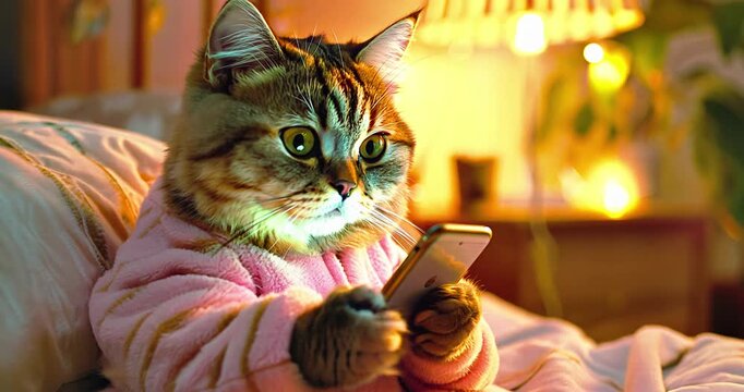 Funny cat surfing on the phone in a homely atmosphere.