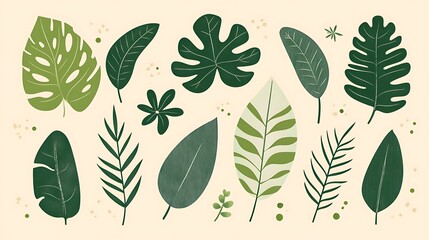 Colorful Vector Tropical Leaves on Beige Background - Simple and Cute Cutout Shapes in Green and White with High Detail and Resolution