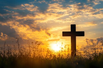 Silhouette christian cross on grass in sunrise background , ai