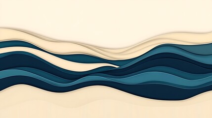 Serene Ocean Waves Vector Illustration in Navy and Turquoise on Sandy Beige Background - Flat Design with High Detail and Resolution