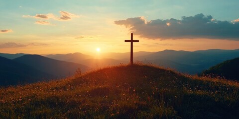 Silhouette of Cristian cross wood on top of hill at sunset , ai