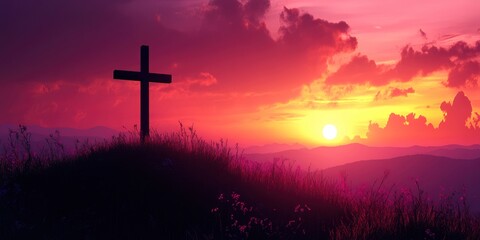 Obraz premium Silhouette of Cristian cross wood on top of hill at sunset , ai