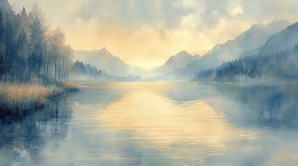 Fototapeta premium Tranquil Watercolor Painting of Silent Solitude in Soft Grays and Blues