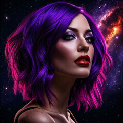 Fototapeta premium A woman with purple hair and red lipstick, set against a backdrop of space with stars and nebulae.