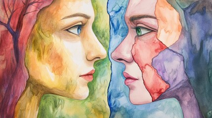 Inner Conflict - Torn Between Choices, Vibrant Split Composition in Watercolor Style