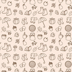 Seamless pattern with autumn doodles. Cute autumn attributes, cozy fall elements. Scarf, socks, tea cup, pie, apple, jam, pumpkin, leaves, berries, acorns and mushrooms. Vector pattern, outline.